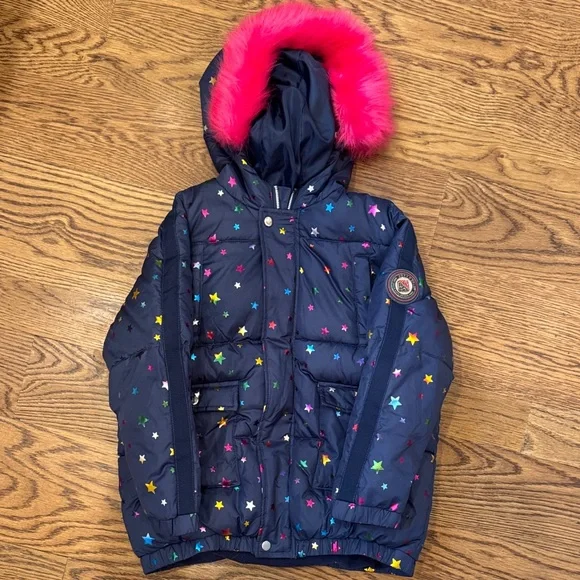 Kids Colorful Star Patterned Jacket with Pink Fur Hood - Picture 1 of 1